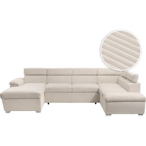 Canapé panoramique PAOLA 6 places convertible avec 2 coffres en velours côtelé beige