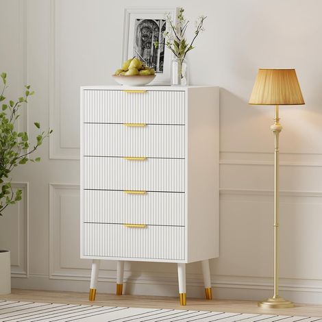 Commode 5 Tiroirs Cannelée avec Pieds Dorés, Meuble de Rangement Moderne Chambre Entrée, Blanc (1/5)