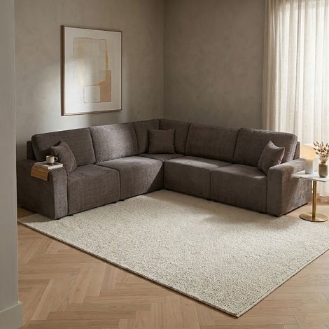 Canapé d'angle modulable 6 places en tissu texturé taupe - MODULYS (1/5)