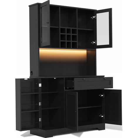 Buffet haut de cuisine noir en MDF et verre avec LED, prise et étagères réglables (1/5)