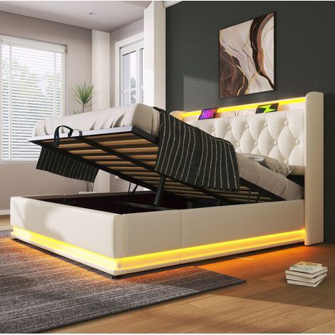 Bett 160x200 cm klassisch gepolstert in Weiss PU mit Kopfteil, 360°-LED, hydraulischem Stauraum und USB-C (1/5)