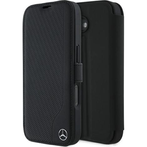 Mercedes MEBKP16S23RBGVK iPhone 16 6.1 negro/negro, estantería de imitación de madera y cuero (1/5)