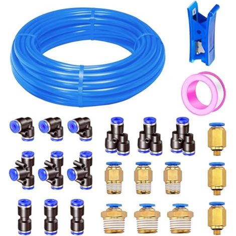20 meter PolyuréthaneTuyau Pneumatique 6 mm Blu PU Tuyau Air, avec 21 Connecteur Pneumatique 4 mm (3 Droits, 3 Coudes, 3 Raccords en T, 3 Séparateurs en Y, 9 Raccords Filetés Mâle) (1/5)