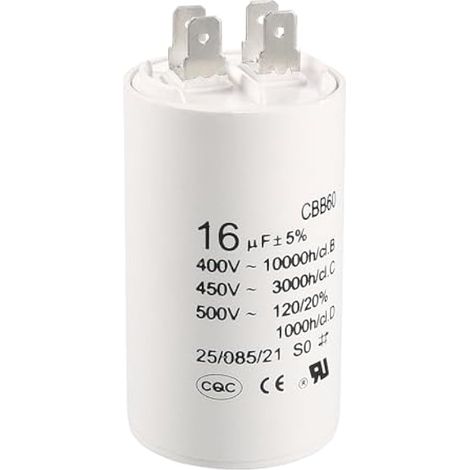 Condensateur de fonctionnement CBB60 16μF 450V AC, double cylindre 50/60 Hz, 72x40 mm blanc pour compresseur d'air et pompe à eau (1/5)