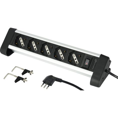 Multiprise Corps en Aluminium avec 5 emplacements Polyvalents, Schuko + 10/16 A, 2 Supports pour Fixation au Bureau, Petite Prise 10 A, Noir/argenté (1/4)