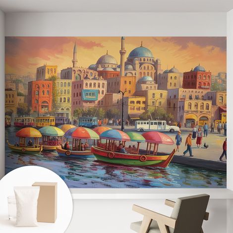 Papier peint intissé mural avec colle pour salon et chambre Décoration murale rapide - Colle incluse gratuite Côte urbaine 152x104 cm (1/5)