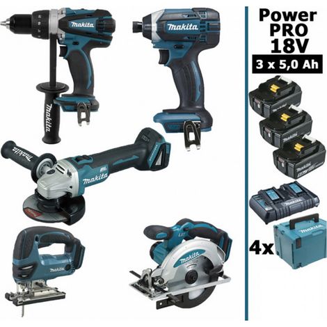 Pack Makita Power PRO 5 outils 18V: DDF458 + DGA504 + DTD152 + DJV180 + DSS610 + 3 batt 5Ah + 4 Coffrets (1/5)