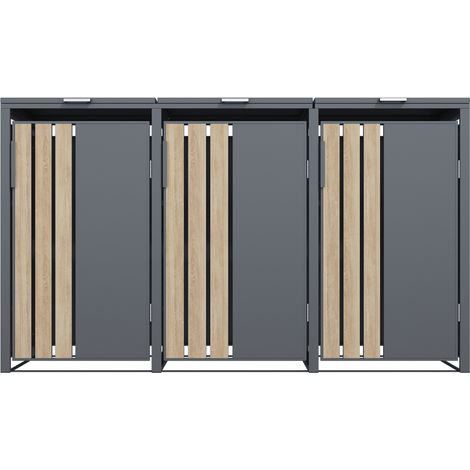 Abri poubelle cache poubelle 3 bacs en acier gris effet bois (1/5)