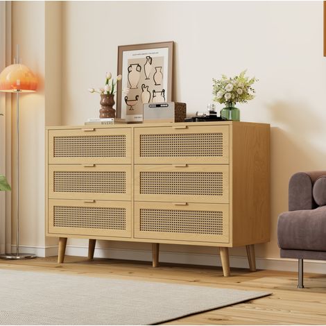 Kommode 120x40x76.5 cm Eiche aus Spanplatte mit 6 Schubladen, Rattan-Optik und Metallgriffen (1/5)
