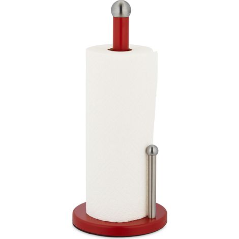 Relaxdays Küchenrollenhalter stehend, Küchenrollenständer Metall, Rollenhalter mit Abrollstop, HxD 35 x 15cm, rot-silber