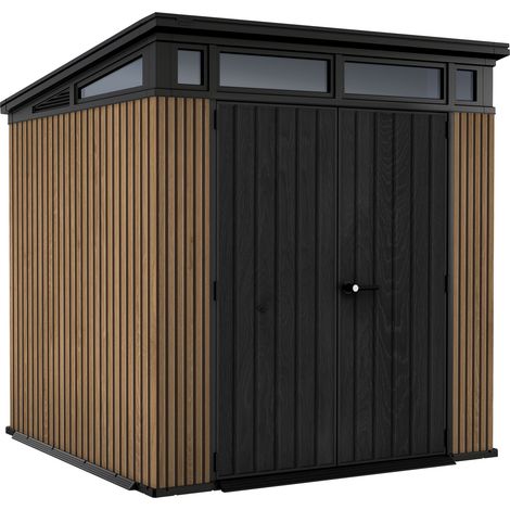 Pent 7x7 - Gartenhaus 216x226x218 cm 2 Türen zur Werkzeugaufbewahrung Holzoptik-Finish Evotech+ aus braunem und schwarzem Harz