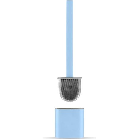 Brosse WC Silicone Plate- Brosse Toilette et Supports, Anti-goutte, Antibactérienne, Balayette WC Ventilée, Séchage Rapide sans Odeur, Balai WC Montage Mural/au Sol, Salle de Bain et WC, Bleu