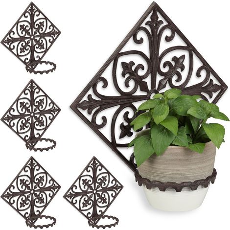 5 Soportes de Macetas Pared de Estilo Antiguo, Hierro fundido, Marrón oscuro, Ø 13 cm