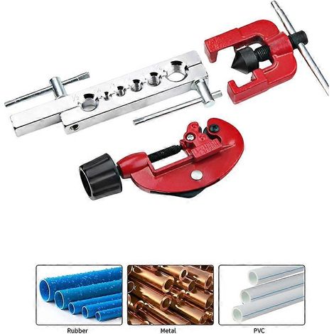 Kit d'outils pour évaser les tuyaux en cuivre, comprenant un coupe-tubes/évaseur, un outil d'évasement, un coupe-tube et un alésoir. (1/5)