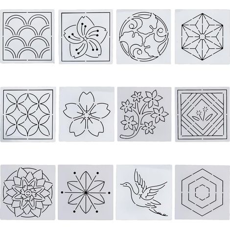 Lot de 12 Pochoir, Motif fleur, Acrylique, 14 x 14 cm, Sashiko, Broderie