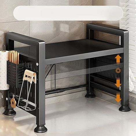 Support micro-ondes multifonction cuisine 53 cm gris foncé avec double étagère et 6 crochets