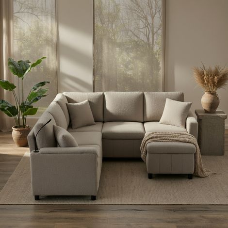 Canapé d'angle, avec repose-pieds, lampe de lecture, ports USB et Type-C, petite table, table basse, deux porte-verres, velours chenille,beige (1/5)