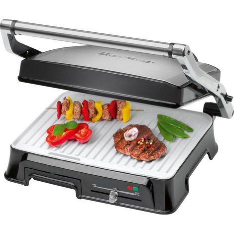Clatronic KG 3571 Parrilla Eléctrica Doble, Tapa Basculante, Planchas Cerámicas Antiadherente, Termostato 2000W Plata (1/5)