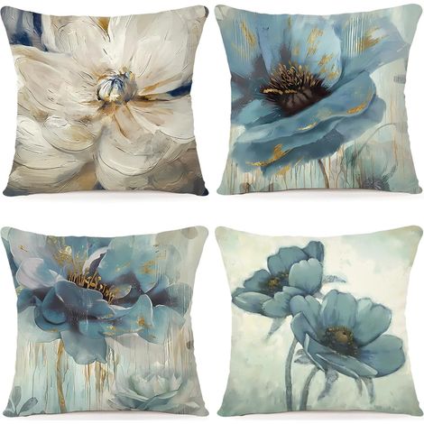 Kissenbezug-Set (4-teilig) – Baumwoll-Leinen-Mischgewebe – Aquarell-Blumenmuster – Sofa-, Bett- und Auto-Dekoration – 50 x 50 cm (1/5)