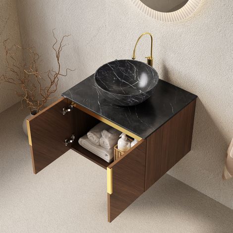 Waschtisch-Set aus Sperrholz in Braun-Eiche und Schwarz, 61 cm, wandhängend, mit Keramikbecken und 2 Türen (1/5)