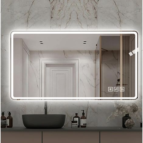 REDOM - Espejo de baño LED - 60x100 cm - antivaho - intensidad regulable - 3 tonos de luz - vidrio y metal plateado