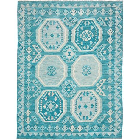 Tapis kilim 159 x 203 cm, motif géométrique, bleu et blanc, en laine naturelle, tissage plat du Pakistan (1/5)