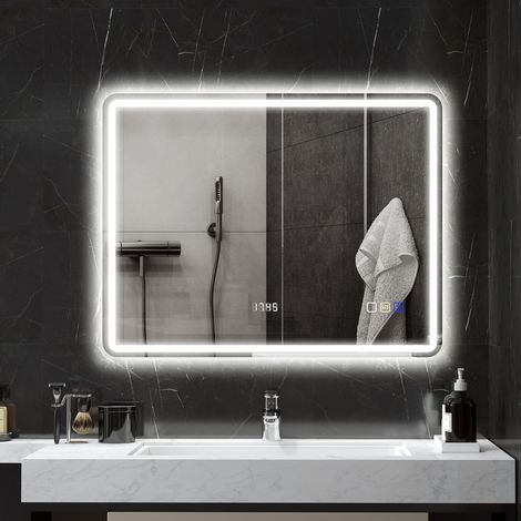 Miroir de salle bain avec éclairage LED, horloge 700 x 900 mm, tapis anti-brouillard, 3 couleurs réglables, couleur argentée (1/4)