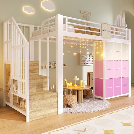 Letto rialzato 90x200 cm con cassetti, sponda di sicurezza e scala portaoggetti in metallo, bianco, senza materasso (1/5)