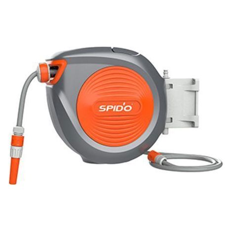 SPIDO – Dévidoir Mural 10 m – Tuyau PVC 11,5 mm Inclus – Rétractation Automatique Sécurisée – Rotation 180°
