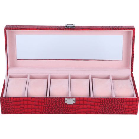 Boîte à montres à 6 emplacements, en cuir PU, rectangulaire, présentoir et rangement pour montres-bracelets, rouge bordeaux (1/3)