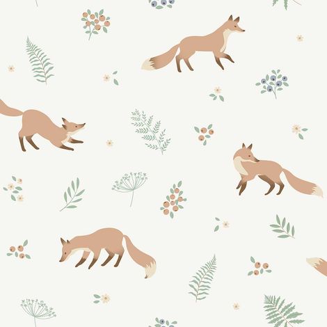 Papier peint renards et plantes forêt fond blanc (1/2)