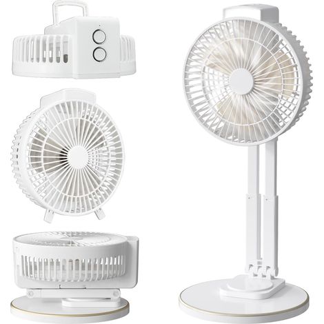 Ventilatore da tavolo ricaricabile da 7 pollici - Con lampada e gancio - Altezza regolabile - Testa rimovibile - USB - Bianco - Ideale per campeggio, ufficio e attività all'aperto (1/5)