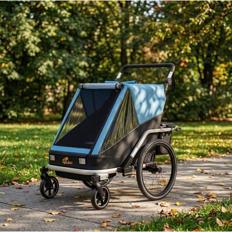 Remolque de bicicleta infantil 2 plazas 2 en 1 plegable, asiento regulable, azul OKMYHOME (1/5)