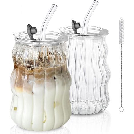 Tasses en verre nervuré avec couvercles et pailles – Verres uniques pour café glacé – Design vintage – Tasses à café ondulées idéales avec pailles, esthétiques, verres à bulles transparents (1/5)