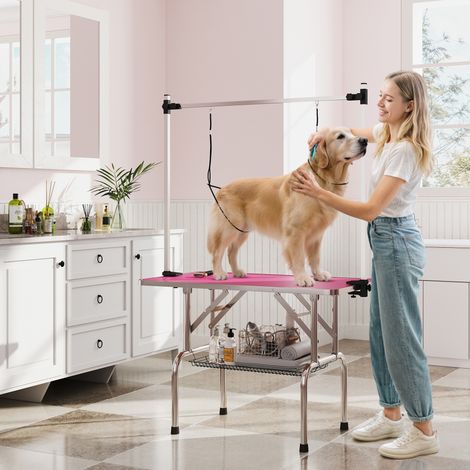 Table de toilettage pliante pour chiens avec panier en métal, barre réglable en acier inoxydable, 107 x 60 x 164 cm, rose (1/5)