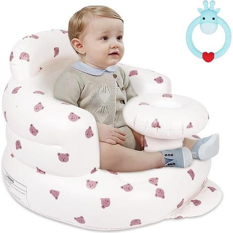 Siege Gonflable Bebe, Tête d'ours Chaise Gonflable Bébé avec Pompe à Air Intégrée, Siège au Sol pour Bébé Support Dorsal et Cervical pour Bébés Voyage Repas Camping (1/5)