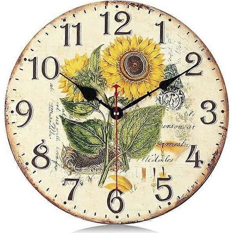 Horloge murale en bois, tournesol jaune, silencieuse (sans tic-tac), 30 cm, fonctionne à piles, style vintage shabby chic, rustique, idéale pour la cuisine ou la ferme. Décoration murale. (1/5)