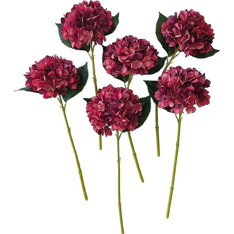 Hortensias artificiels rouges, 6 pièces fleurs fausses, tiges de fleurs d'hortensia, fleurs en soie rouge foncé pour décoration intérieure, bouquet de fleurs factices, plantes artificielles avec tiges (1/5)