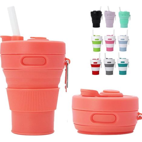 Gobelet Pliable Silicone 450ml,Couvercle Étanche, Poignée Anti-Brûlure&Mousqueton - Plie à 6cm,Lavable Lave-Vaisselle - Randonnée,Camping,Sport (1/5)
