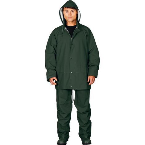 Regenschutzkleidung grün aus Polyurethan, Set aus Hose und Jacke mit Kapuze L