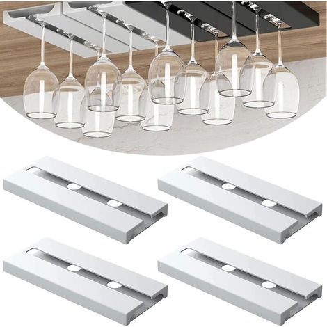 4 Pièces Porte Verre à Vin Suspendu, Support de Verre à Vin Sous Armoire Sans Perçage Porte-Verres à Pied Suspendu Auto-adhésif Accroche-verres Pour étagère Pour Bar Cuisine Restaurant (Blanc)