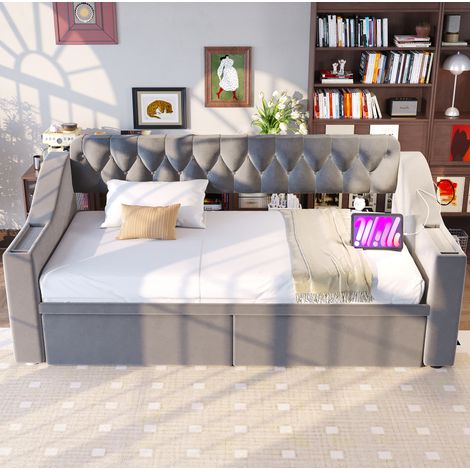 Cama dormitorio con cajones y USB gris claro OKMYHOME (1/5)