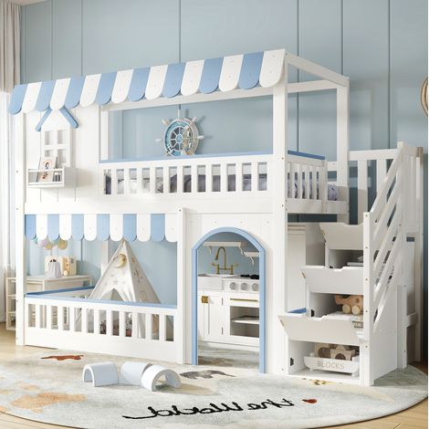 Lit superposé enfant 90x200 cm pin MDF blanc avec rangement, pour chambre, sans matelas – MEUBLIV (1/5)