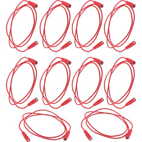 Lot de 10 cordons de test rouges avec douilles bananes femelles 4mm, câble de rallonge 0,75mm², connectique femelle-femelle J.70029, fil de mesure de laboratoire. (1/5)