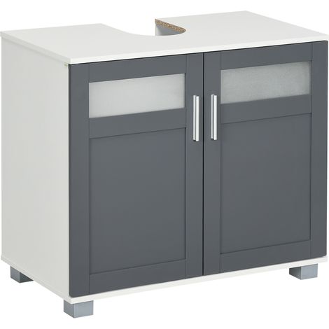 Placard sous l’évier Placard sous l’évier Armoire de salle de bain avec 2 portes en verre trempé 69 x 35 x 59 cm Blanc et gris