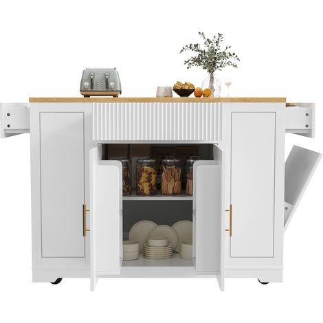 Îlot central de cuisine mobile - 2 portes et 3 tiroirs -120x50x92cm - étagères ouvertes - avec compartiment poubelle, MDF - mosaïque - Blanc