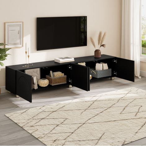 Mueble TV bajo negro 180 cm, 4 puertas con relieve de arco, patas metálicas, OKWISH (1/5)