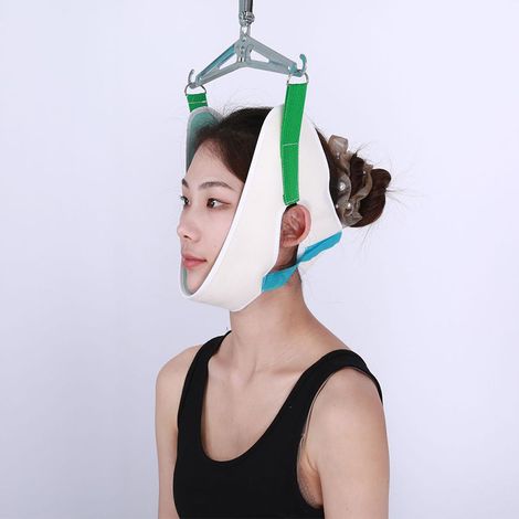 Ceinture de traction cervicale pour étirements cervicaux, soulagement des torticolis, soins de santé et récupération pour adultes (blanc). (1/5)