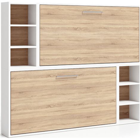 Lit escamotable superposé horizontal 2 couchages 80x180 avec étagères Binka-2 matelas-Coffrage Blanc-Façade Cambrian (1/5)