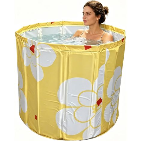 Baignoire pliable 70 × 65 cm pour adultes – Baignoire profonde portable pour eau chaude et froide avec tuyau de vidange et coussin de siège, baignoire pliable peu encombrante pour petite